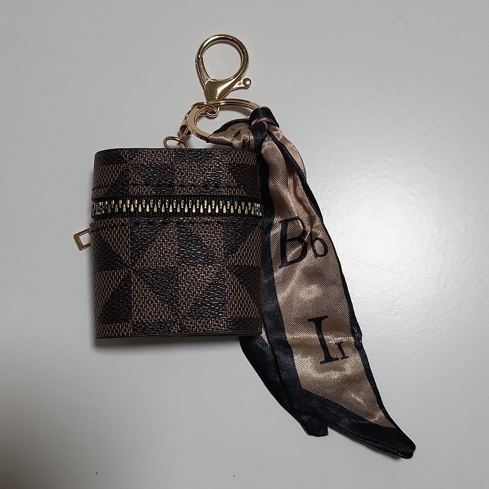 Brown Geometric Pattern AirPods Case with Silk Scarf Accent